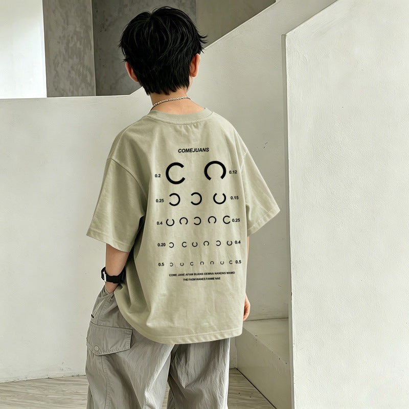 Boys'PSANET" Eye Chart Graphic T-Shirt – Oversized Short Sleeve Cotton Tee for Kids