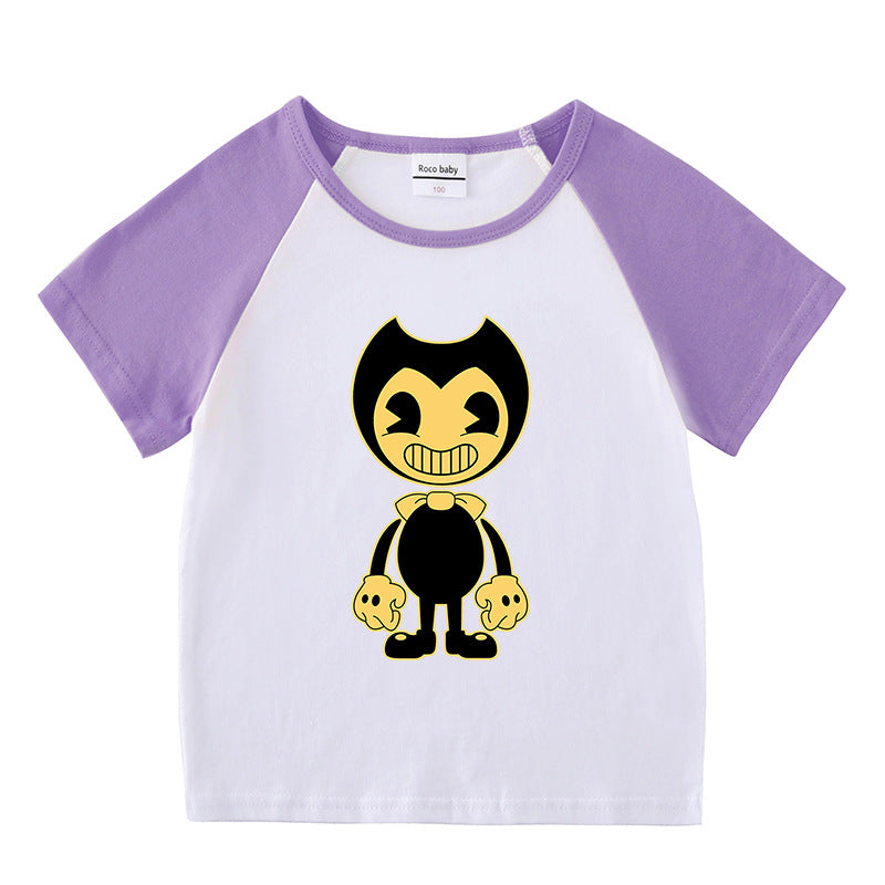 Short sleeved T-shirt for boys and girls with shoulder inserted base
