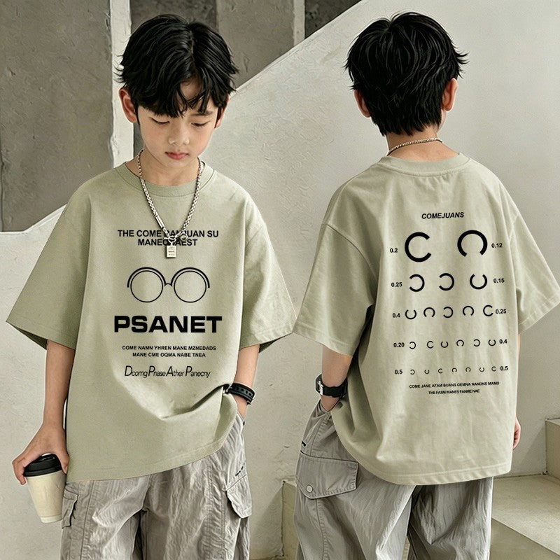 Boys'PSANET" Eye Chart Graphic T-Shirt – Oversized Short Sleeve Cotton Tee for Kids