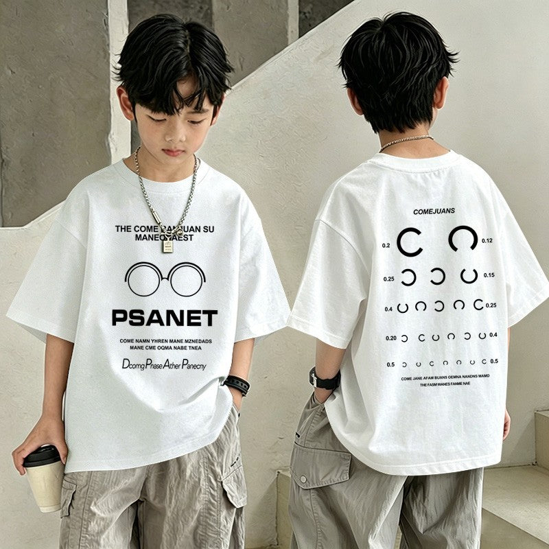 Boys'PSANET" Eye Chart Graphic T-Shirt – Oversized Short Sleeve Cotton Tee for Kids