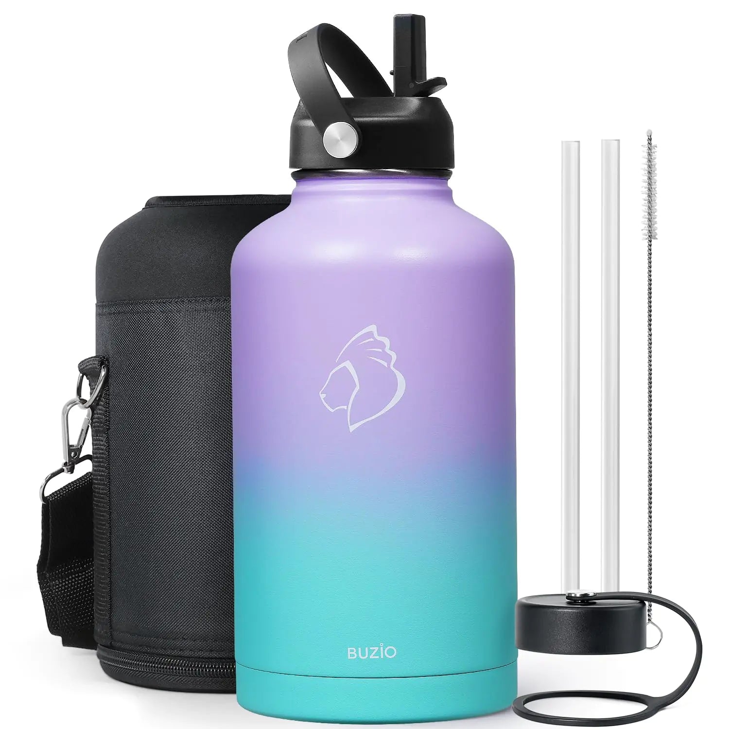 BUZIO 64oz Insulated Water Bottle Stainless Steel Double Wall Leak Proof Half Gallon with Straw Lid and Flex Cap (Cold for 48 Hrs) Sports Flask Metal Travel Mug for Hiking Camping Purple Green