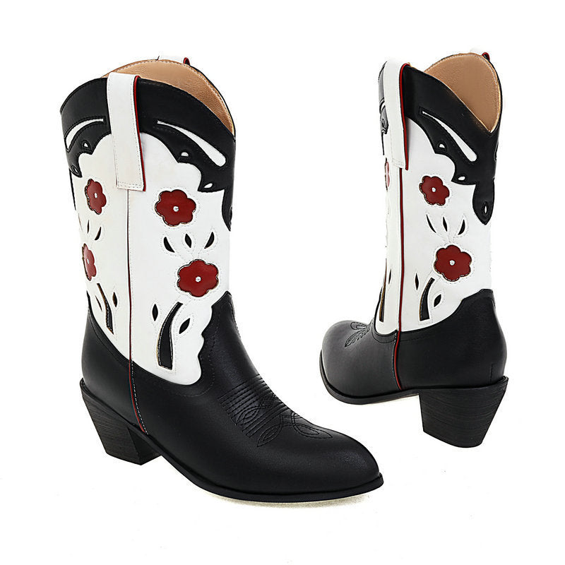 New Chunky Heel High Heel Mid-calf Color Matching Western Cowboy Boot