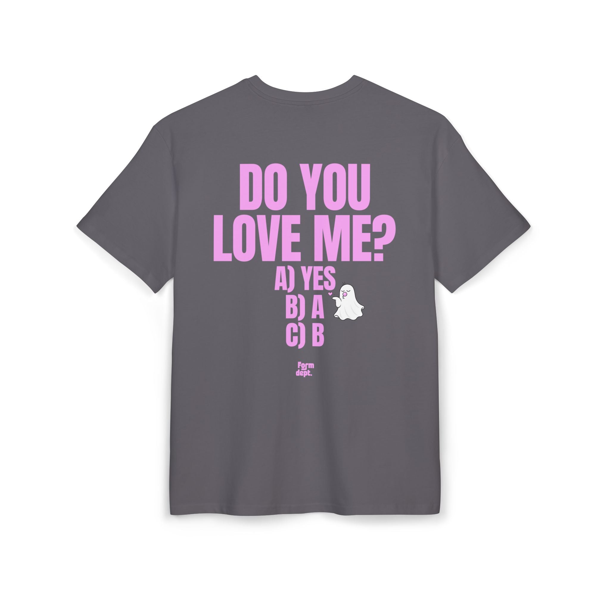 Camiseta oversize unisex «Do You Love Me?» con estampado rosa – vista 2 – Form Dept.