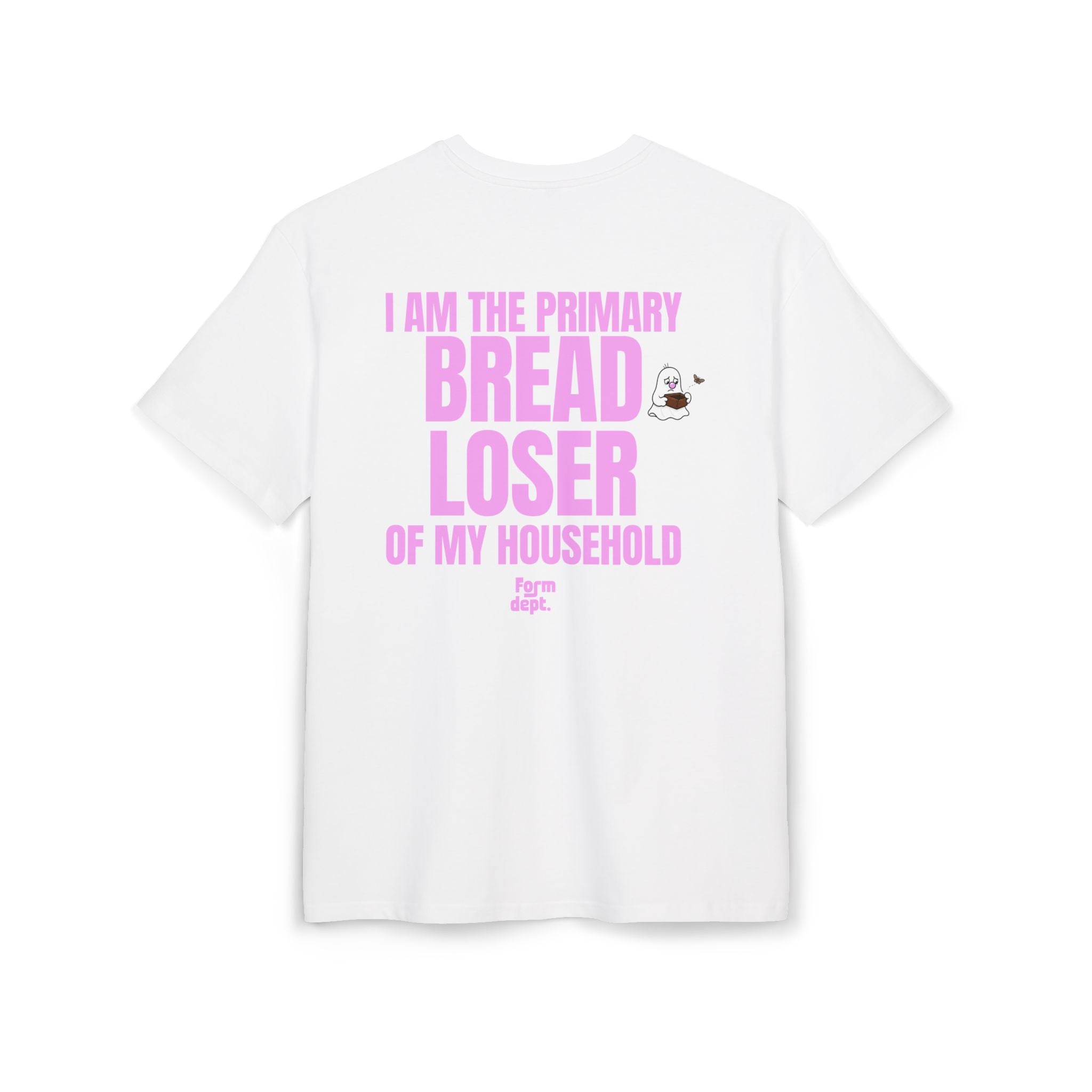 Camiseta oversize unisex «I Am the Primary Bread Loser of My Household» con estampado rosa – vista 2 – Form Dept.