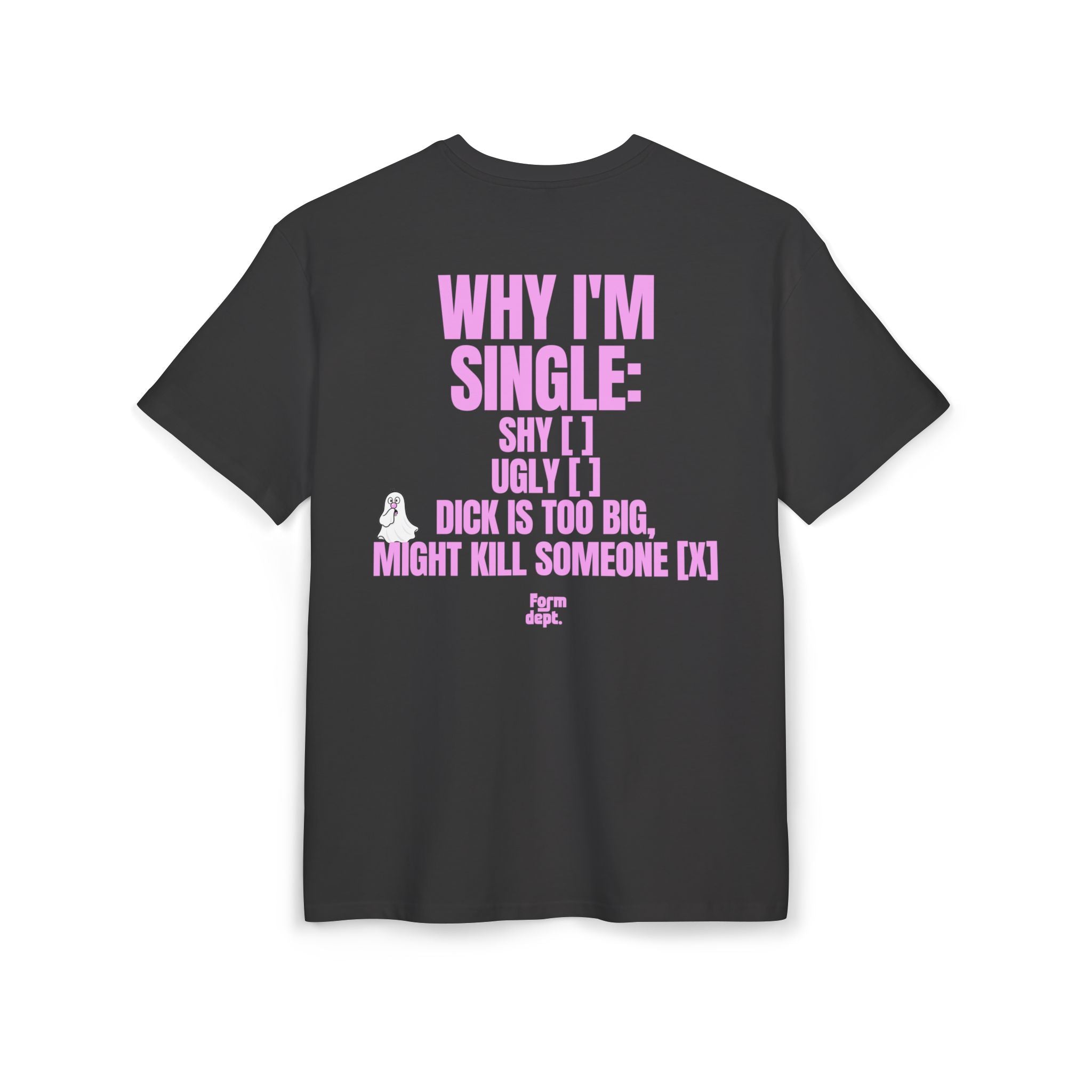 Camiseta oversize unisex «Why I’m Single – My Dog Doesn’t Approve» con fantasma Nubi y estampado rosa – vista 3 – Form Dept.