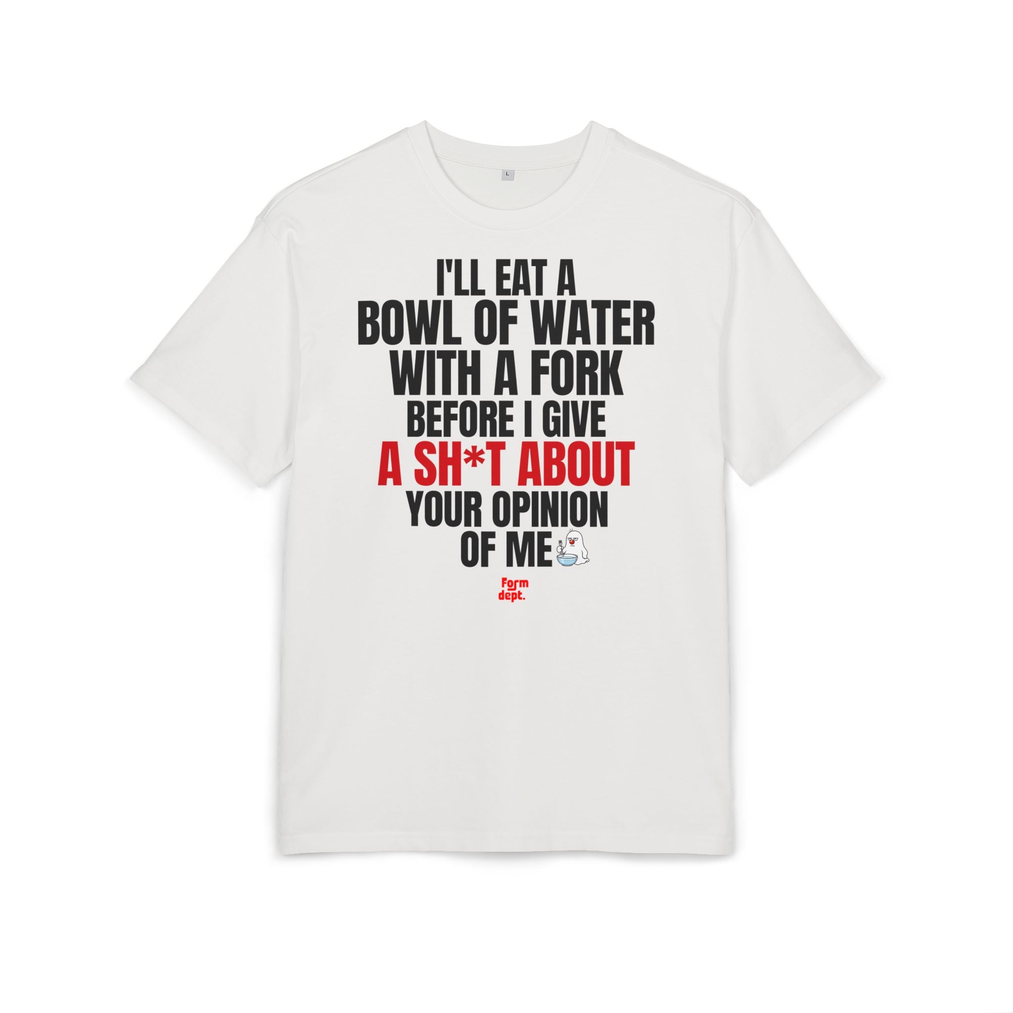 Camiseta oversize unisex «I’ll Eat a Bowl of Water with a Fork» con estampado negro y rojo – vista 2 – Form Dept.