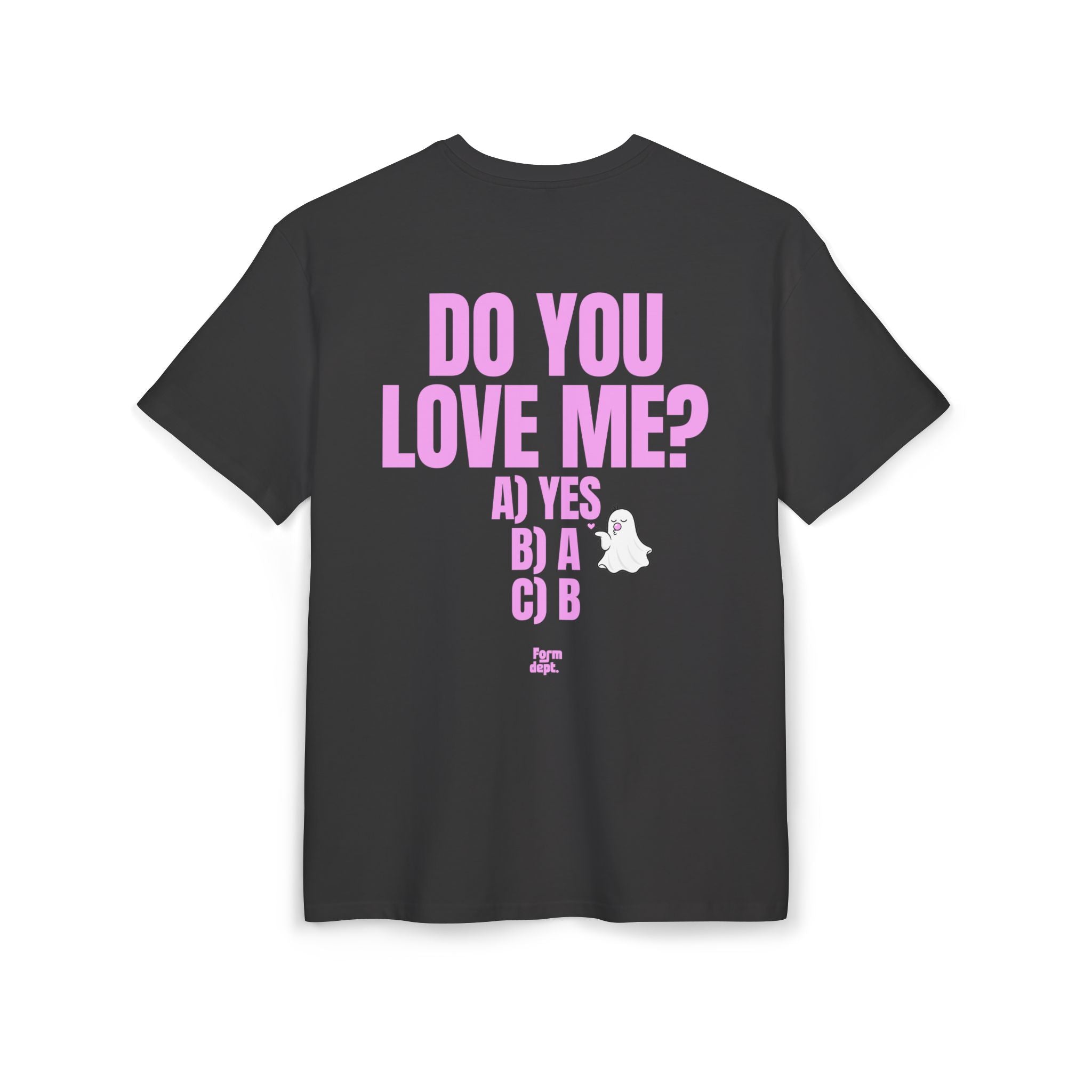 Camiseta oversize unisex «Do You Love Me?» con estampado rosa – vista 3 – Form Dept.