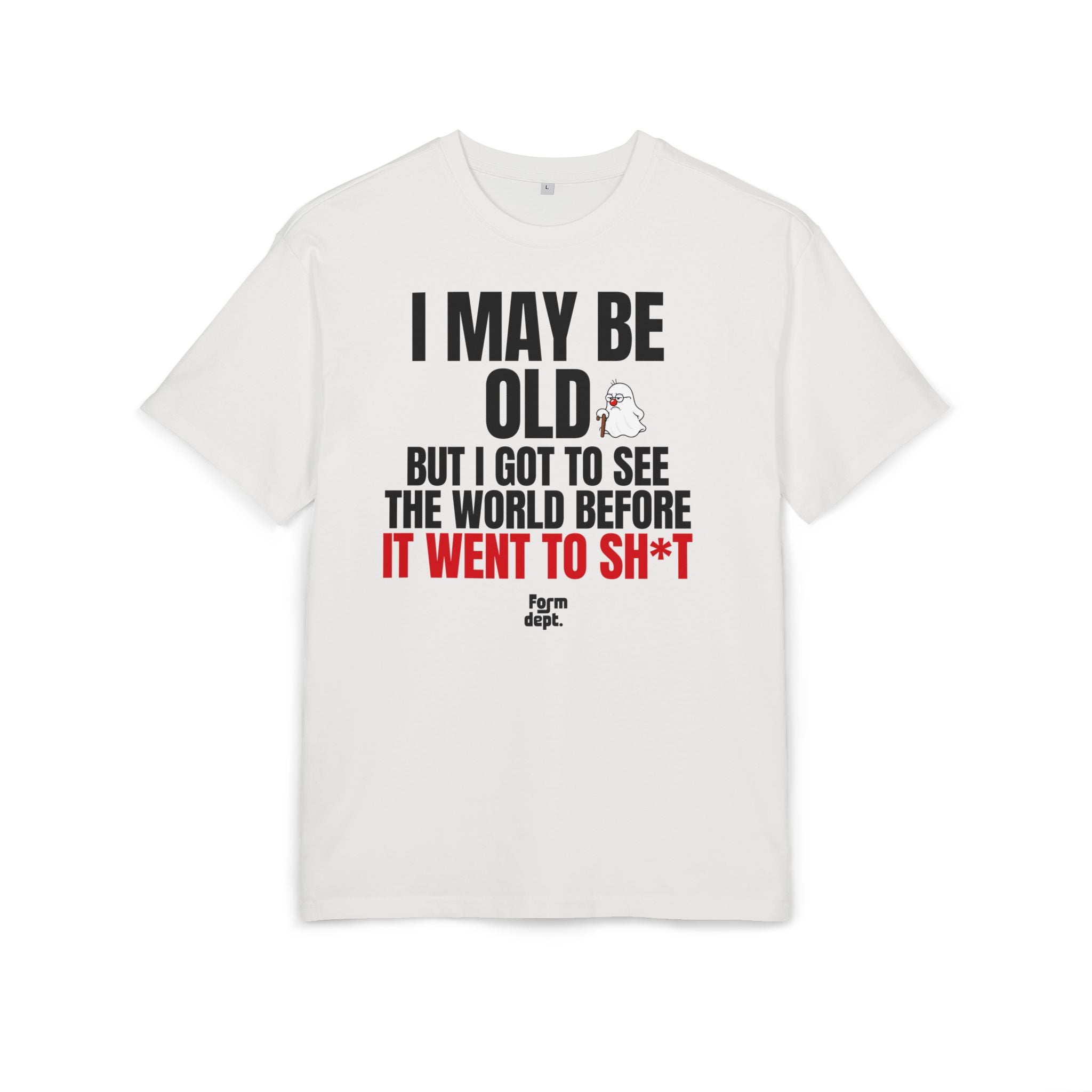 Camiseta oversize unisex «I May Be Old, But I Got to See the World» con estampado negro y rojo – vista 2 – Form Dept.