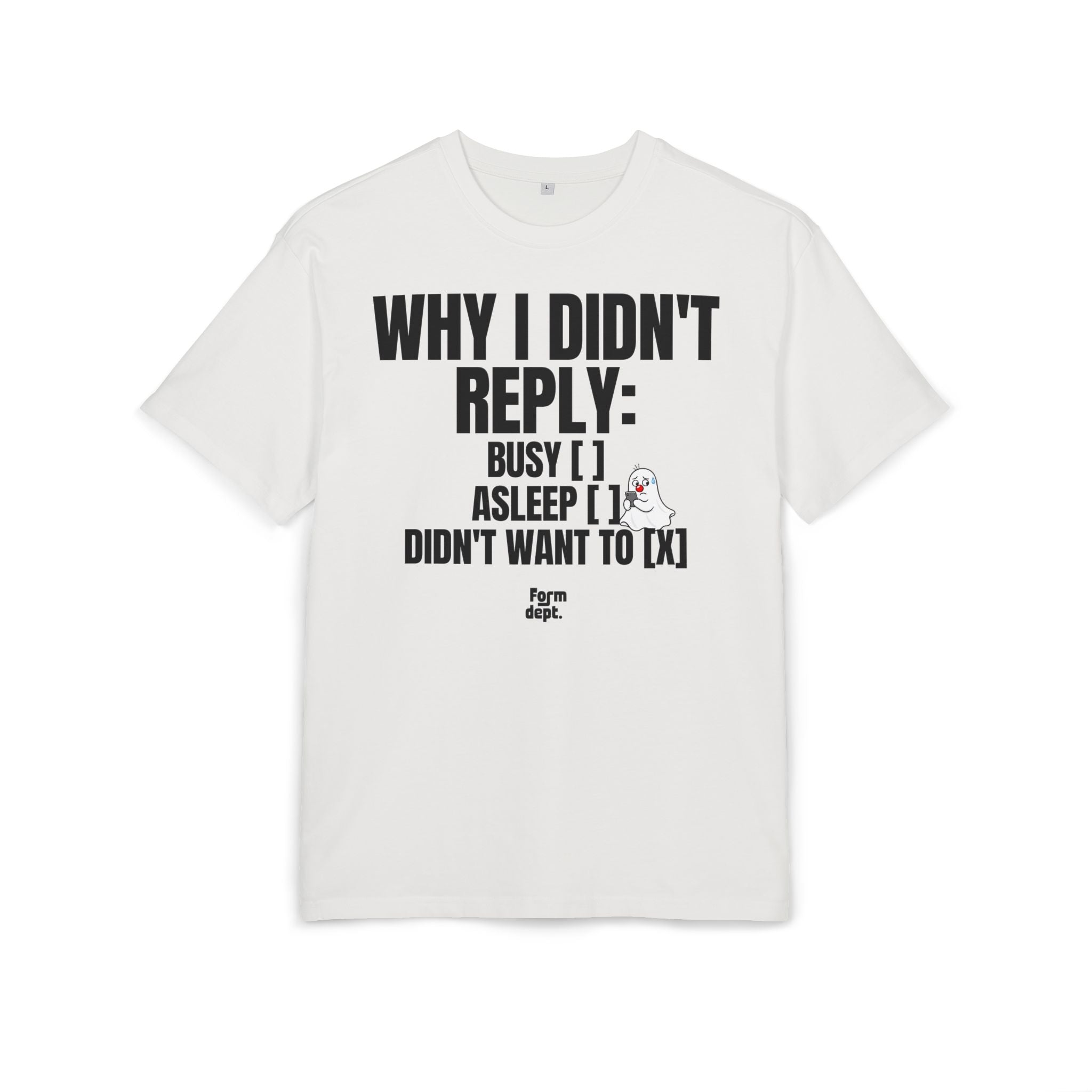 Camiseta oversize unisex «Why I Didn’t Reply» con estampado negro y rojo – vista 2 – Form Dept.