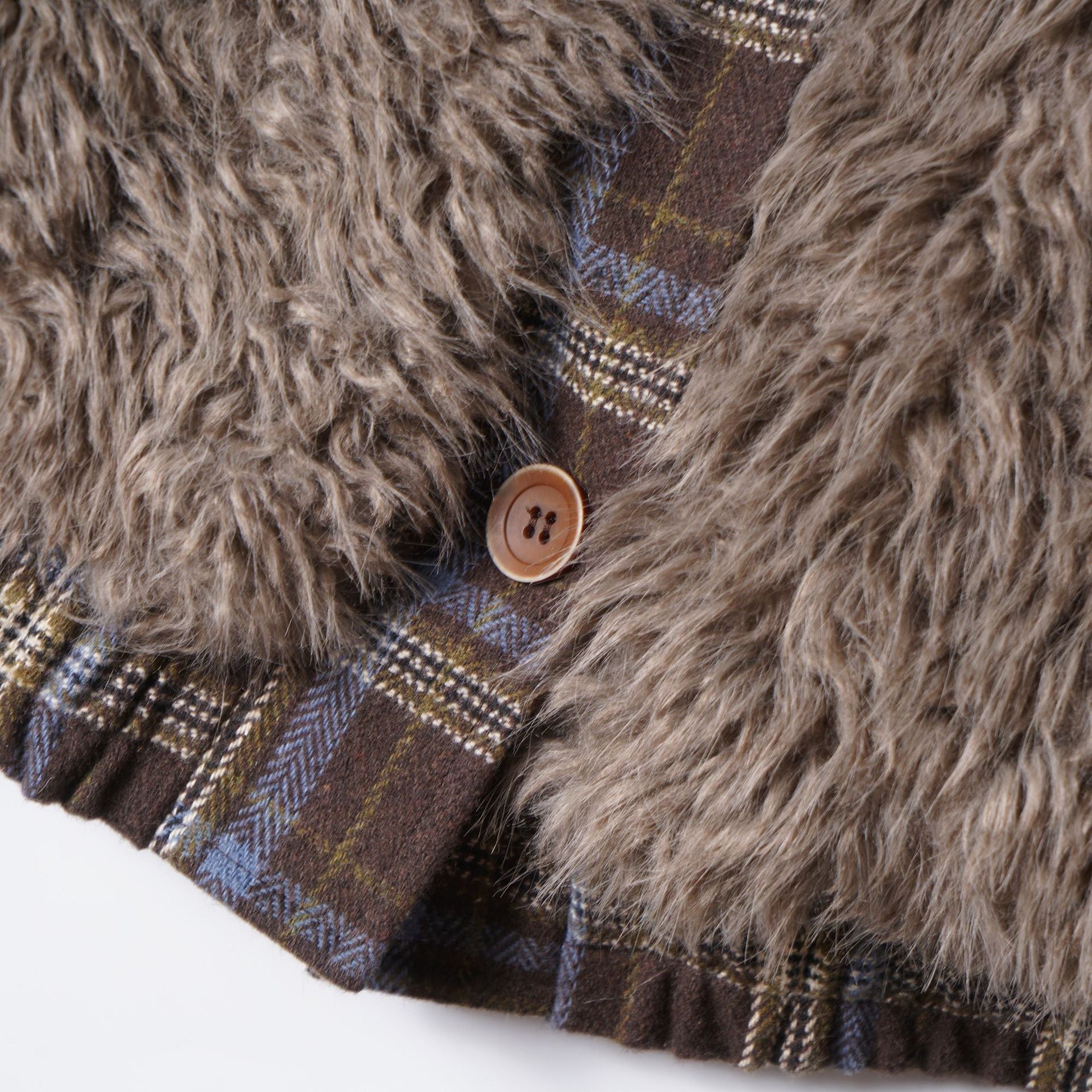 Hairy plaid patchwork stand up collar cotton jacket for women