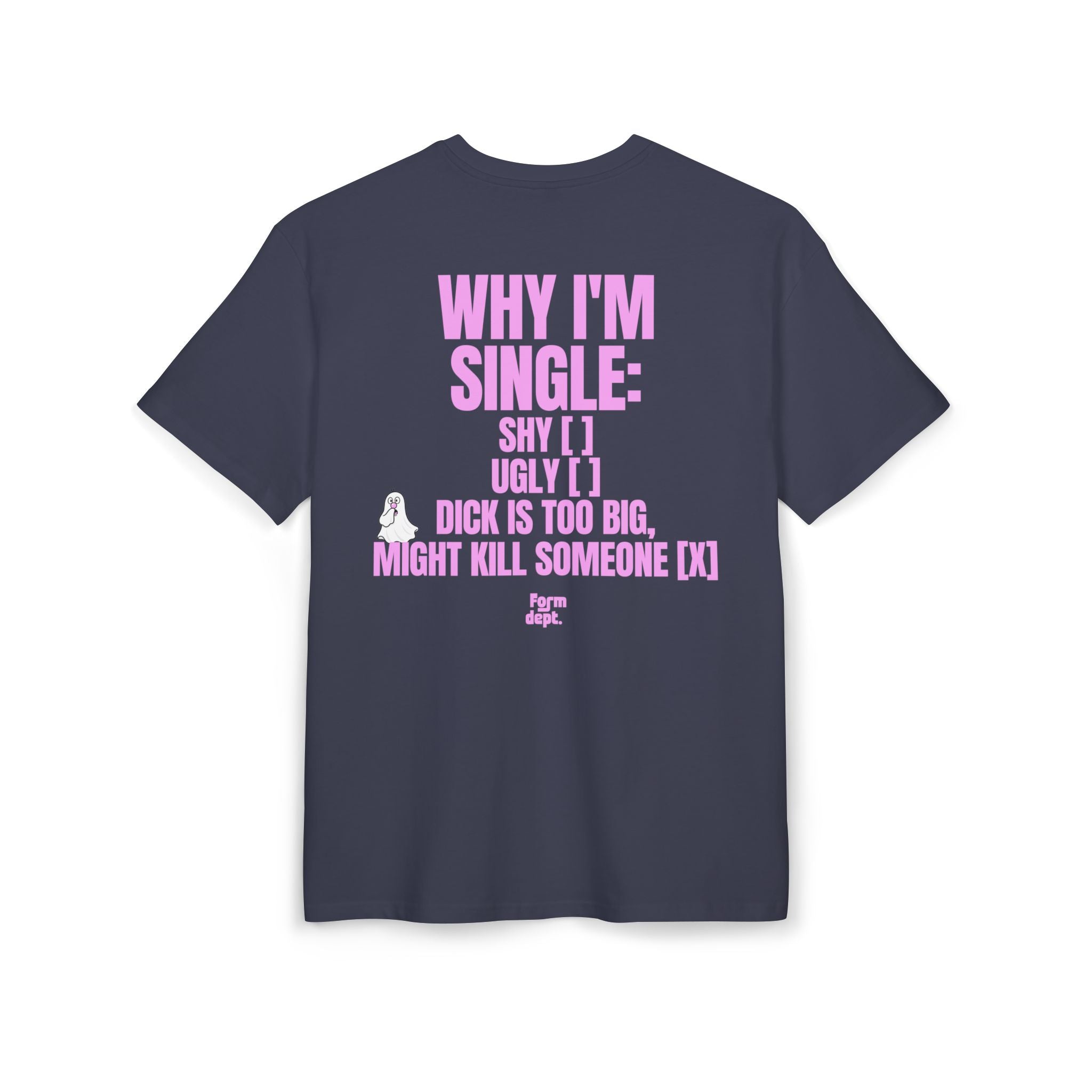 Camiseta oversize unisex «Why I’m Single – My Dog Doesn’t Approve» con fantasma Nubi y estampado rosa – vista 4 – Form Dept.