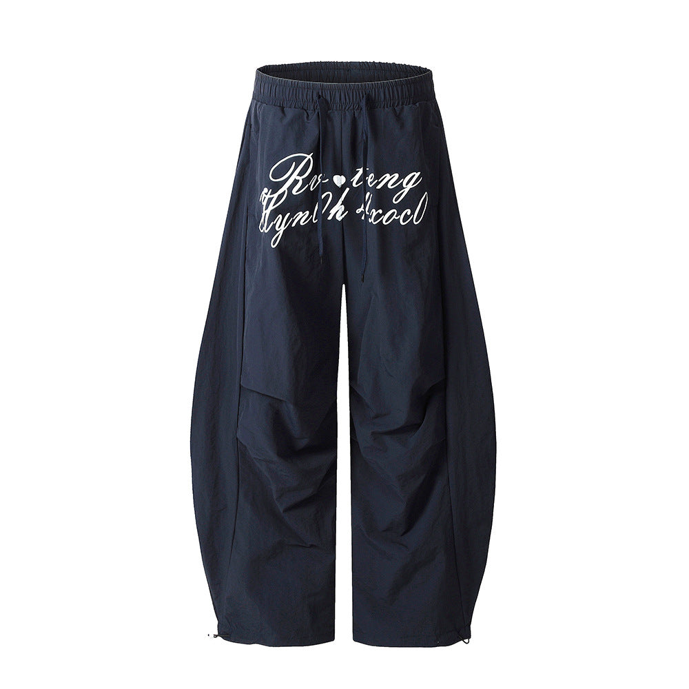 Letter Print Wide-Leg Nylon Pants – Street Style Drawstring Joggers