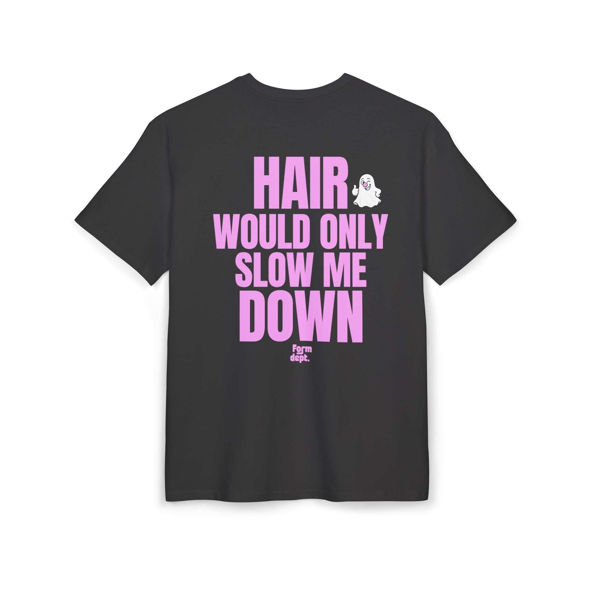 Camiseta oversize unisex «Hair Would Only Slow Me Down» con estampado rosa – vista 3 – Form Dept.