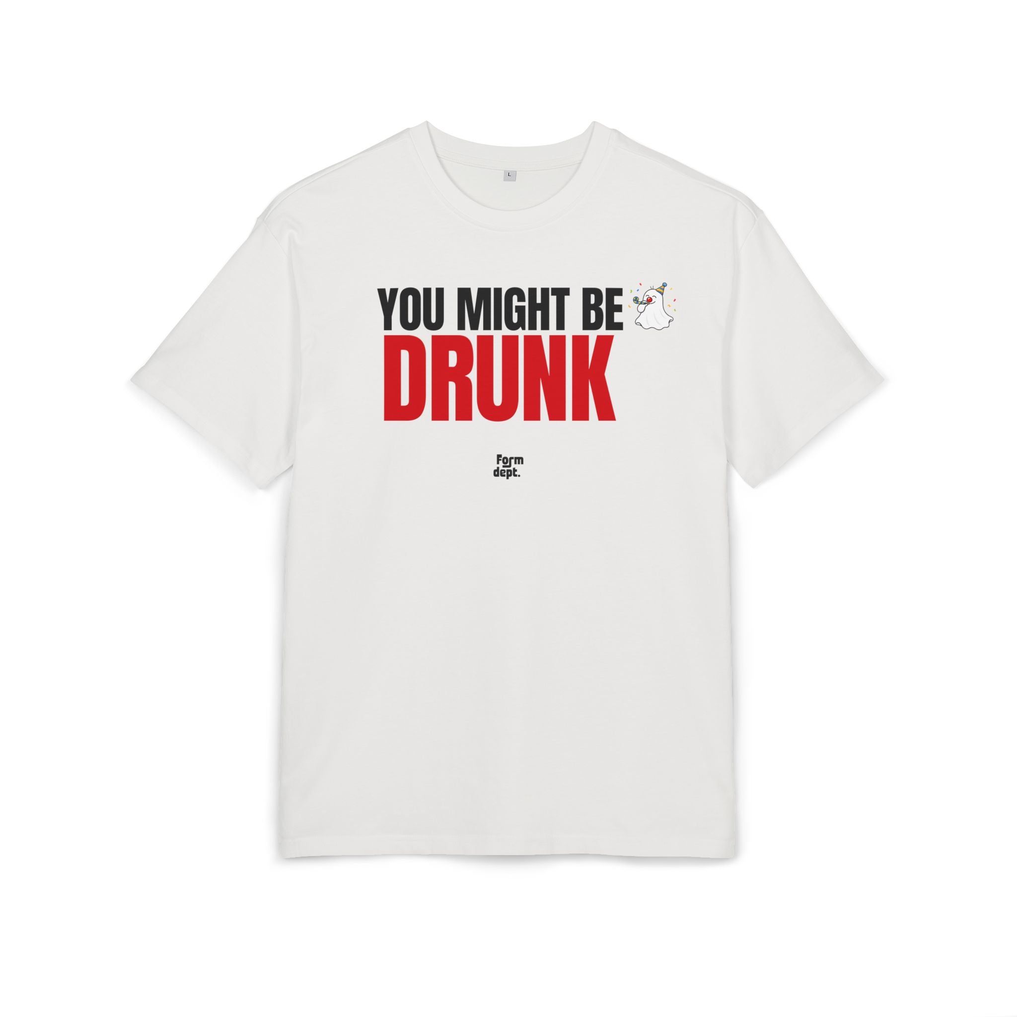 Camiseta oversize unisex «You Might Be Drunk» con estampado negro y rojo – vista 2 – Form Dept.