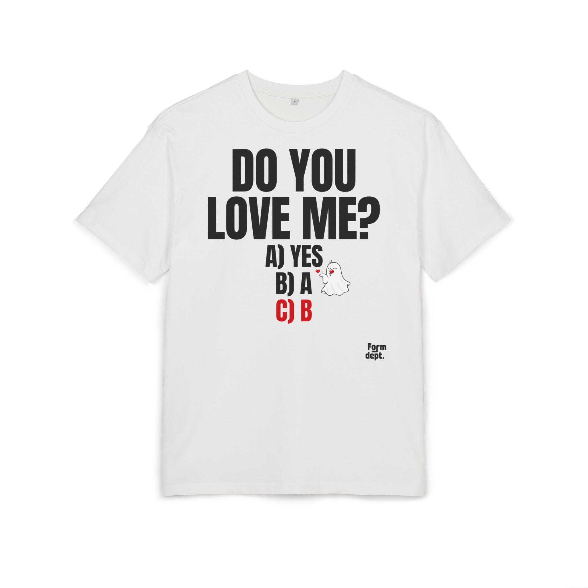 Camiseta oversize unisex «Do You Love Me?» con estampado negro y rojo – vista 2 – Form Dept.