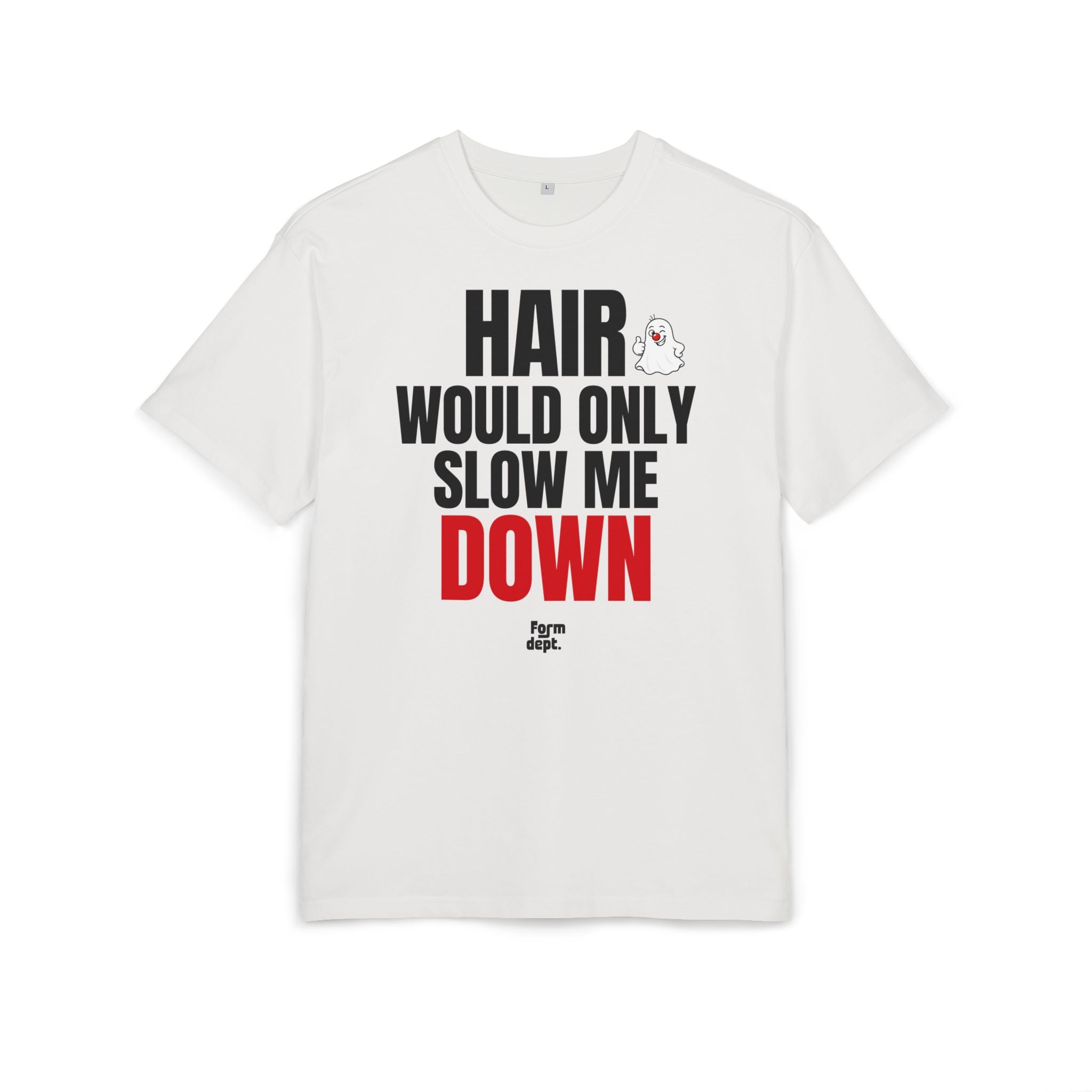 Camiseta oversize unisex «Hair Would Only Slow Me Down» con estampado negro y rojo – vista 2 – Form Dept.
