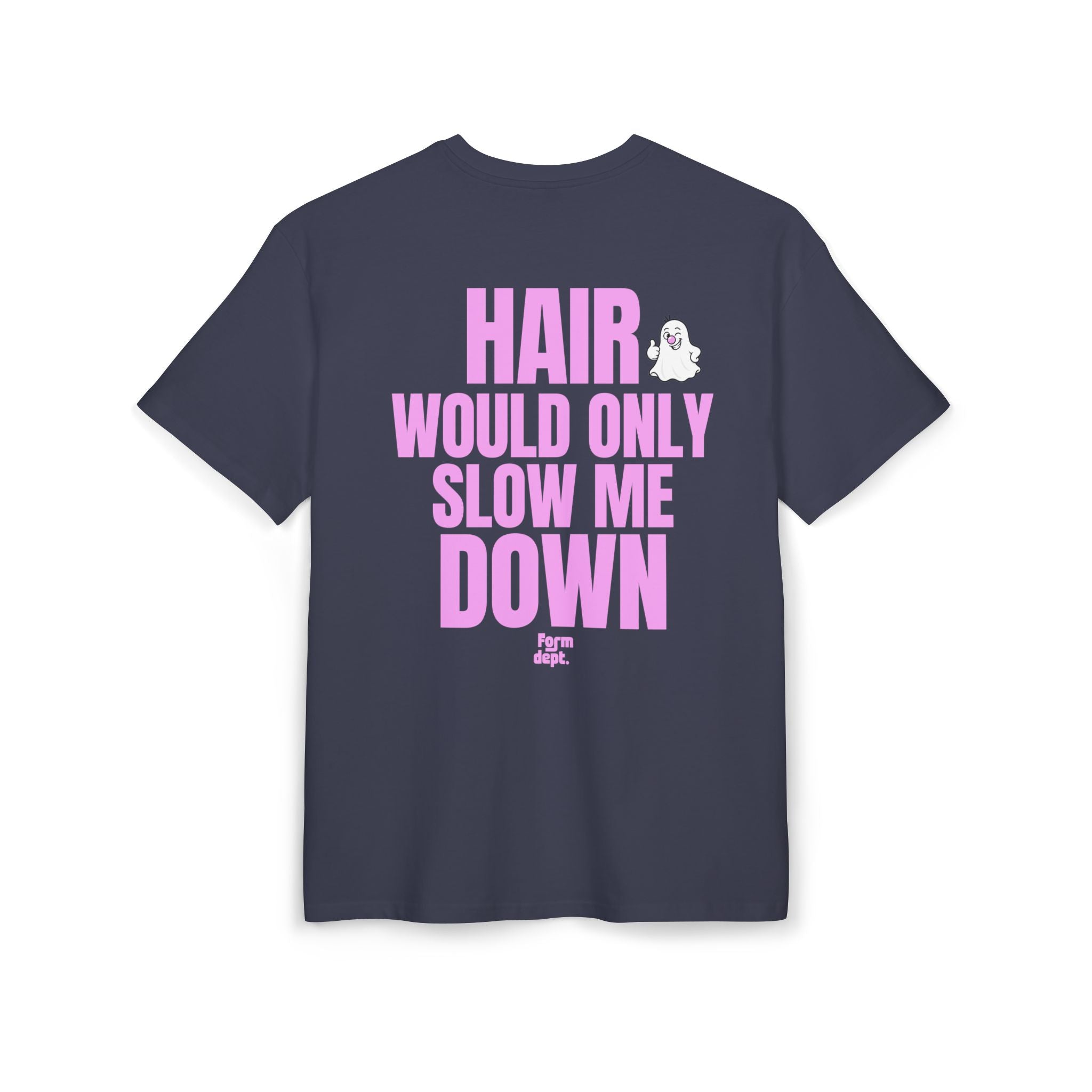 Camiseta oversize unisex «Hair Would Only Slow Me Down» con estampado rosa – vista 4 – Form Dept.