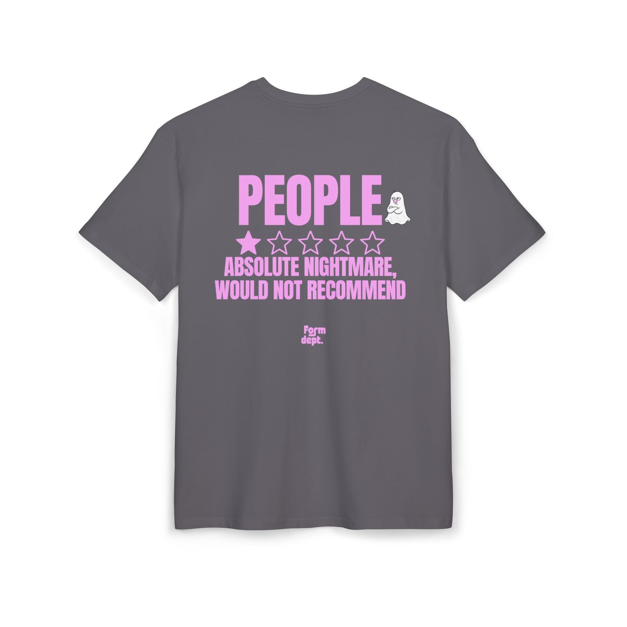 Camiseta oversize unisex «People – Absolute Nightmare» con estampado rosa – vista 5 – Form Dept.