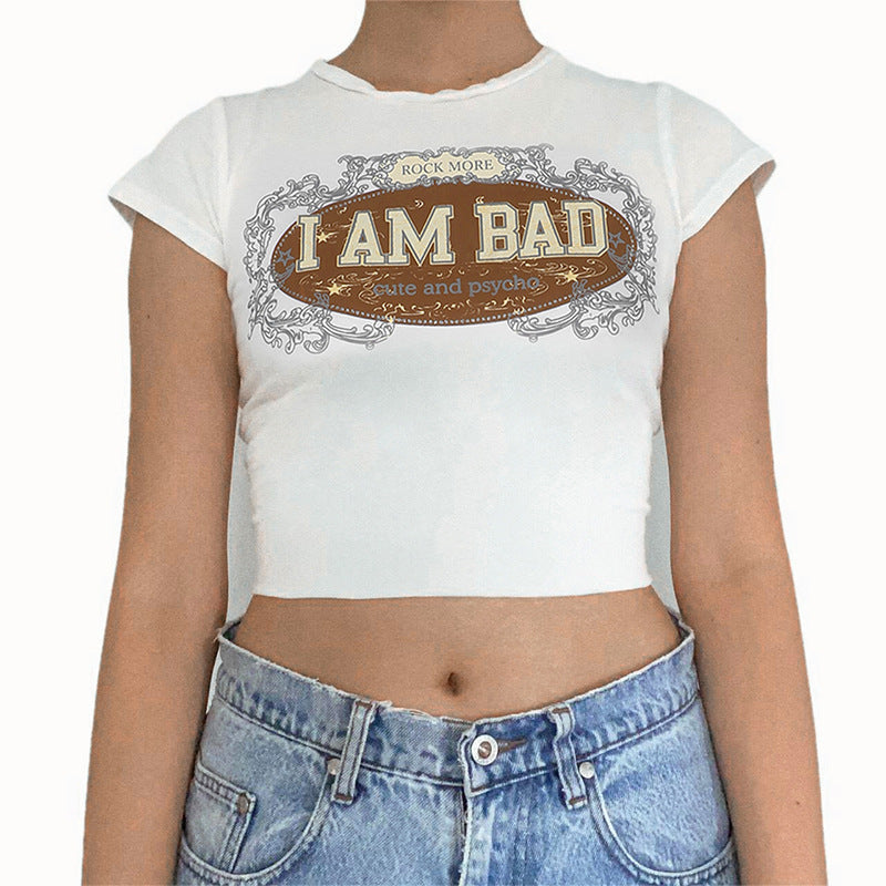 Alphabet Print Crew Neck Short Sleeve Cropped Navel Top