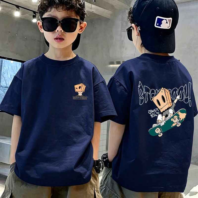 Casual Short Sleeve T-Shirt for Boys, Cartoon Print