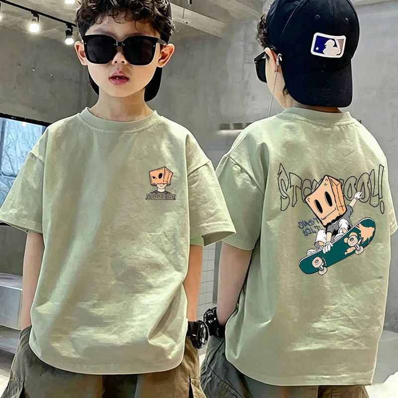 Casual Short Sleeve T-Shirt for Boys, Cartoon Print