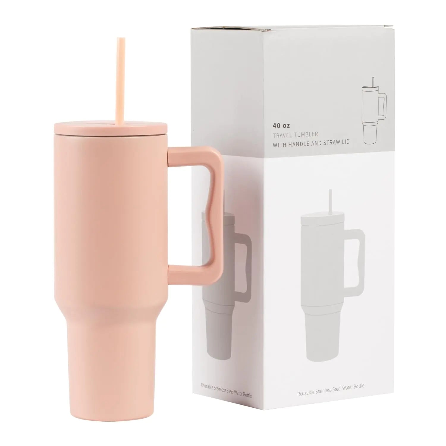 OMNISAFE 40 oz Tumbler with Handle Reusable Insulated Cup with Lid and Straw Stainless Steel Water Bottle Travel Mug For Cold and Hot (Light Pink)