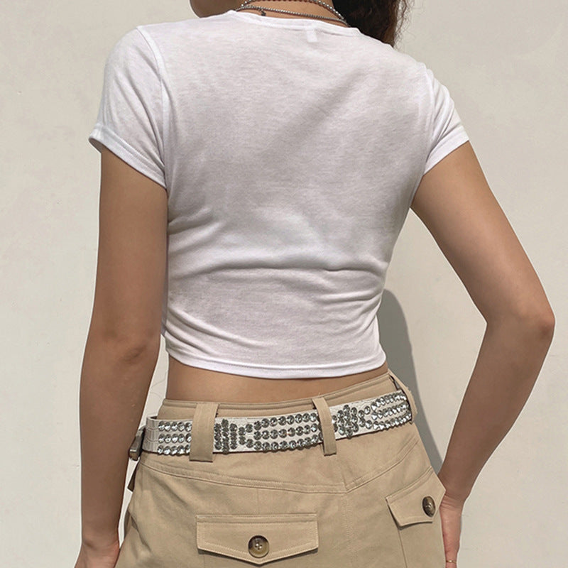 Alphabet Print Crew Neck Short Sleeve Cropped Navel Top