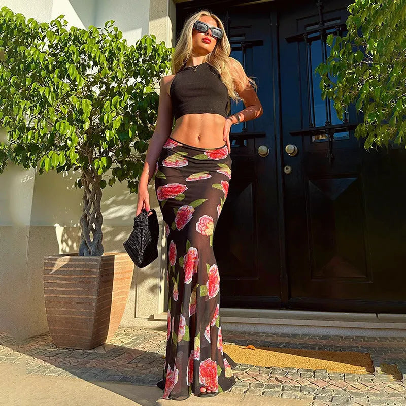 2024 Summer Low Waist Printed Mesh Skirt Sheath - Bellarte Enchanté 2024 Summer Low Waist Printed Mesh Skirt Sheath