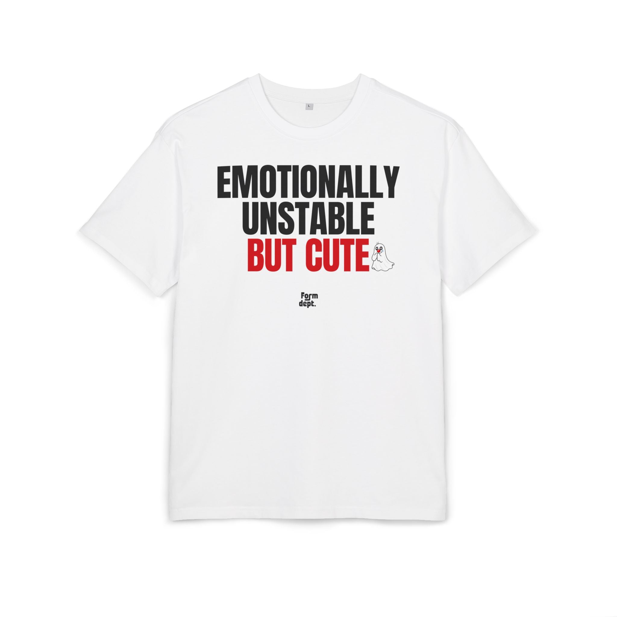 Camiseta oversize unisex «Emotionally Unstable But Cute» con estampado negro y rojo en la parte delantera – Form Dept.