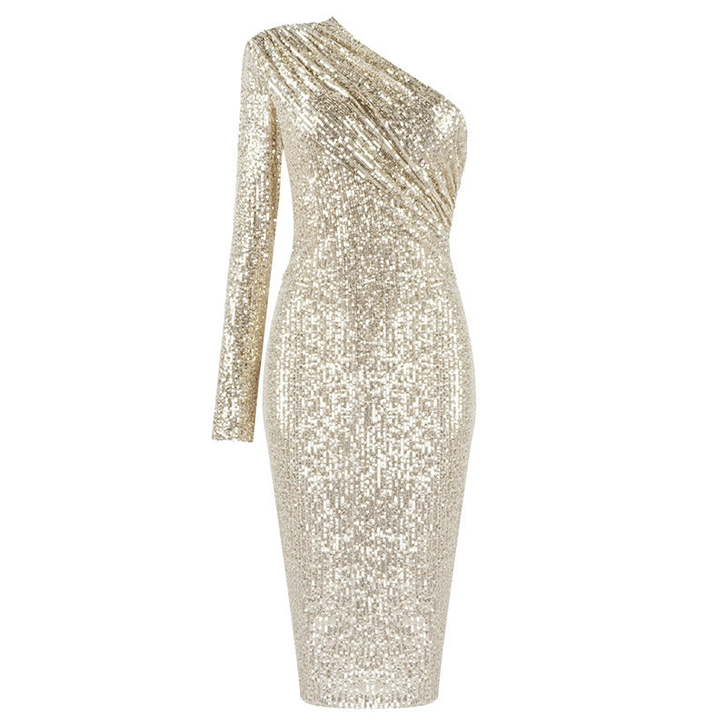 One-Shoulder Strapless Waist Sequined Shiny Catwalk Stage Dress