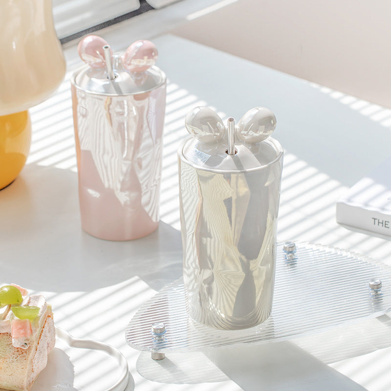 Double-layer Straw Bow Girl Tumbler Anti-scald Pearl Glaze