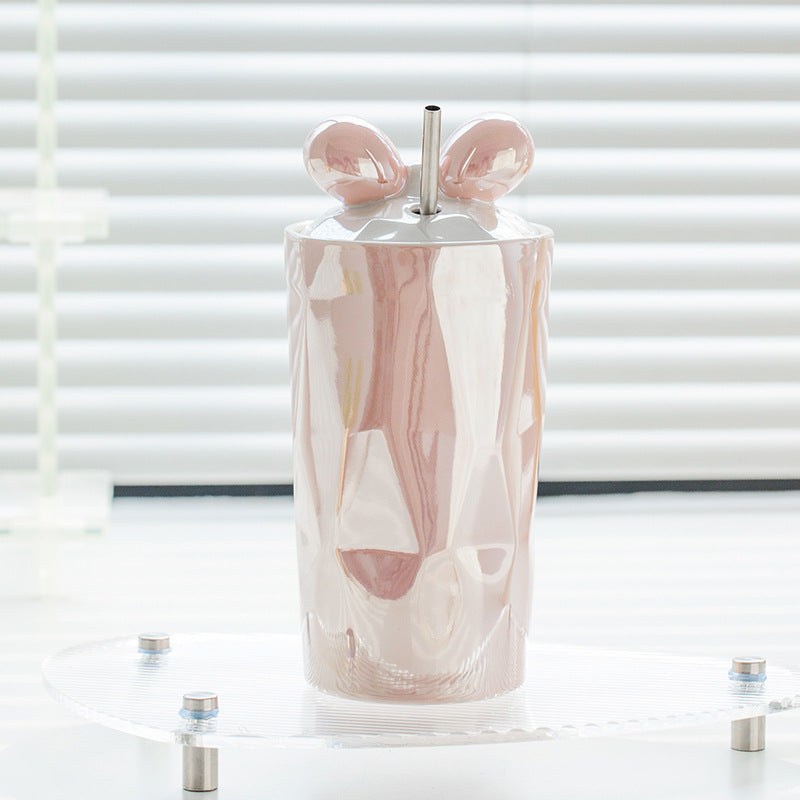 Double-layer Straw Bow Girl Tumbler Anti-scald Pearl Glaze