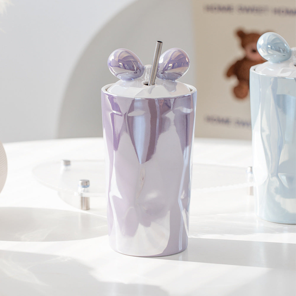 Double-layer Straw Bow Girl Tumbler Anti-scald Pearl Glaze