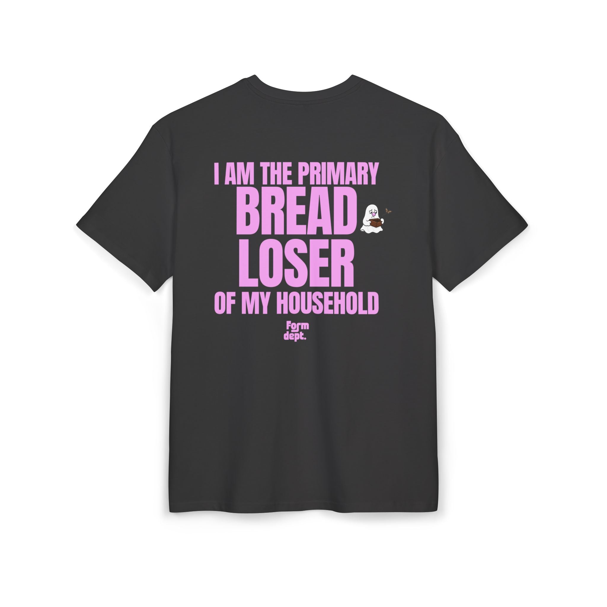 Camiseta oversize unisex «I Am the Primary Bread Loser of My Household» con estampado rosa – vista 3 – Form Dept.