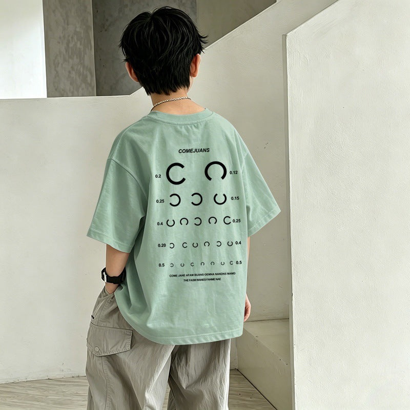 Boys'PSANET" Eye Chart Graphic T-Shirt – Oversized Short Sleeve Cotton Tee for Kids