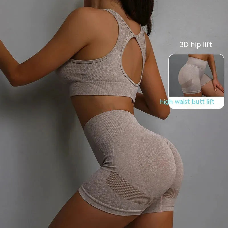 2pcs Sports Fitness Yoga Suit Breathable Hip-lifting Shorts And Hollow Out Back Bra Womens Clothing - Bellarte Enchanté 2pcs Sports Fitness Yoga Suit Breathable Hip-lifting Shorts And Hollow Out Back Bra Womens Clothing