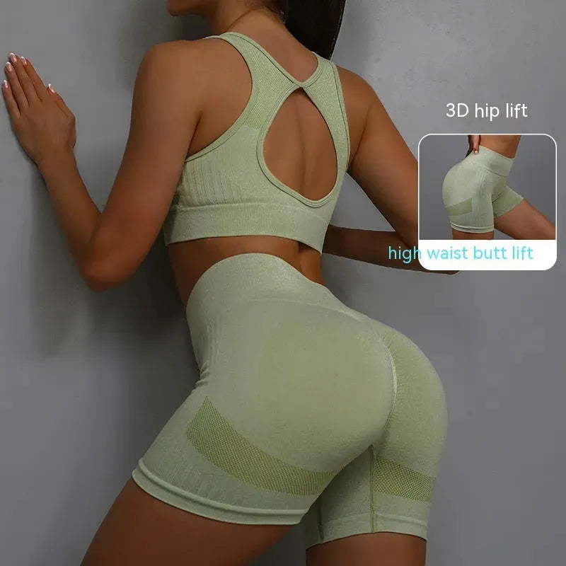 2pcs Sports Fitness Yoga Suit Breathable Hip-lifting Shorts And Hollow Out Back Bra Womens Clothing - Bellarte Enchanté 2pcs Sports Fitness Yoga Suit Breathable Hip-lifting Shorts And Hollow Out Back Bra Womens Clothing