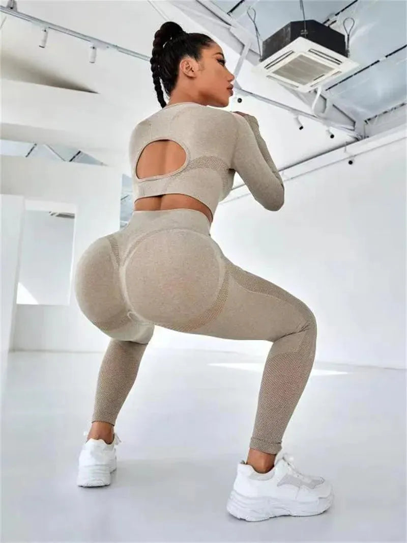 2pcs Sports Suits Long Sleeve Hollow Design Yoga - Bellarte Enchanté 2pcs Sports Suits Long Sleeve Hollow Design Yoga
