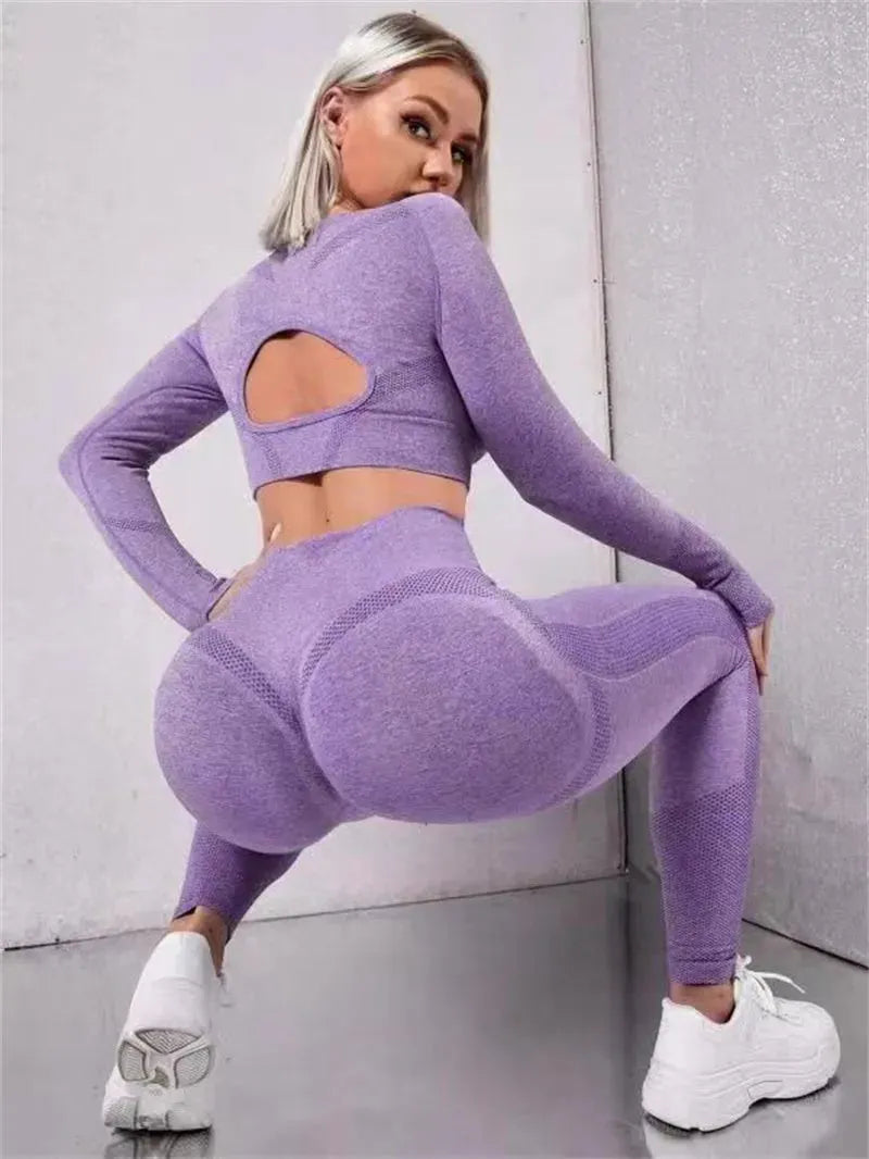 2pcs Sports Suits Long Sleeve Hollow Design Yoga - Bellarte Enchanté 2pcs Sports Suits Long Sleeve Hollow Design Yoga