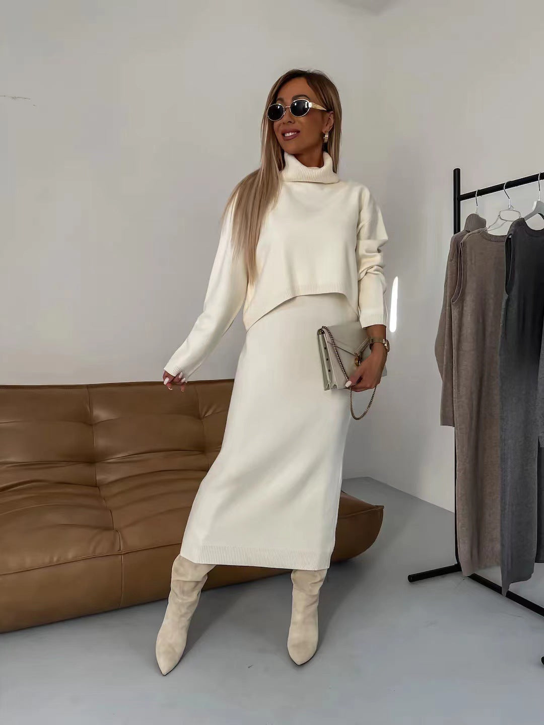 2pcs Sweater Suit Winter Fashion Turtleneck Pullover And Sleeveless Long Dress Womens Clothing - Bellarte Enchanté 2pcs Sweater Suit Winter Fashion Turtleneck Pullover And Sleeveless Long Dress Womens Clothing