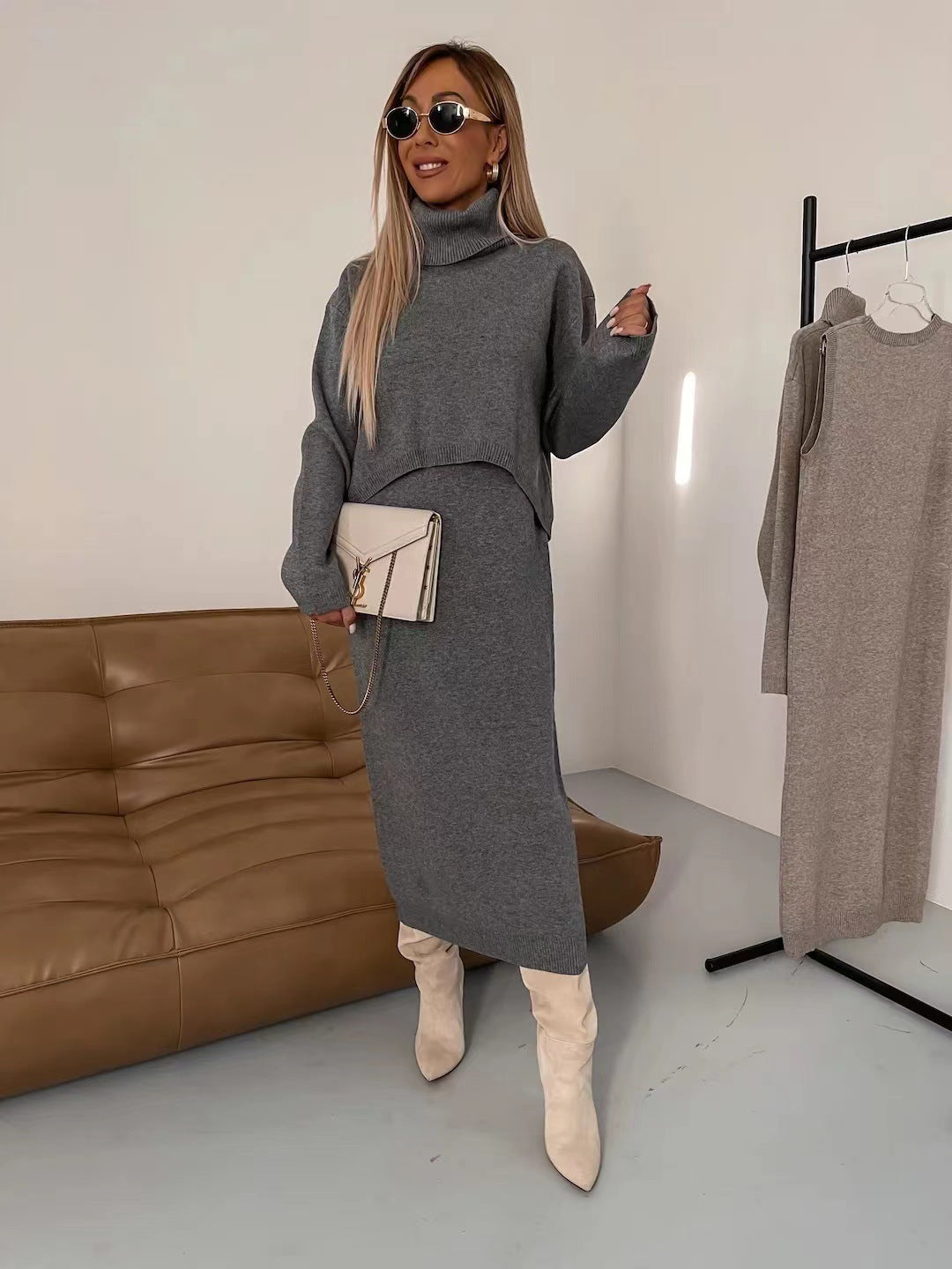 2pcs Sweater Suit Winter Fashion Turtleneck Pullover And Sleeveless Long Dress Womens Clothing - Bellarte Enchanté 2pcs Sweater Suit Winter Fashion Turtleneck Pullover And Sleeveless Long Dress Womens Clothing