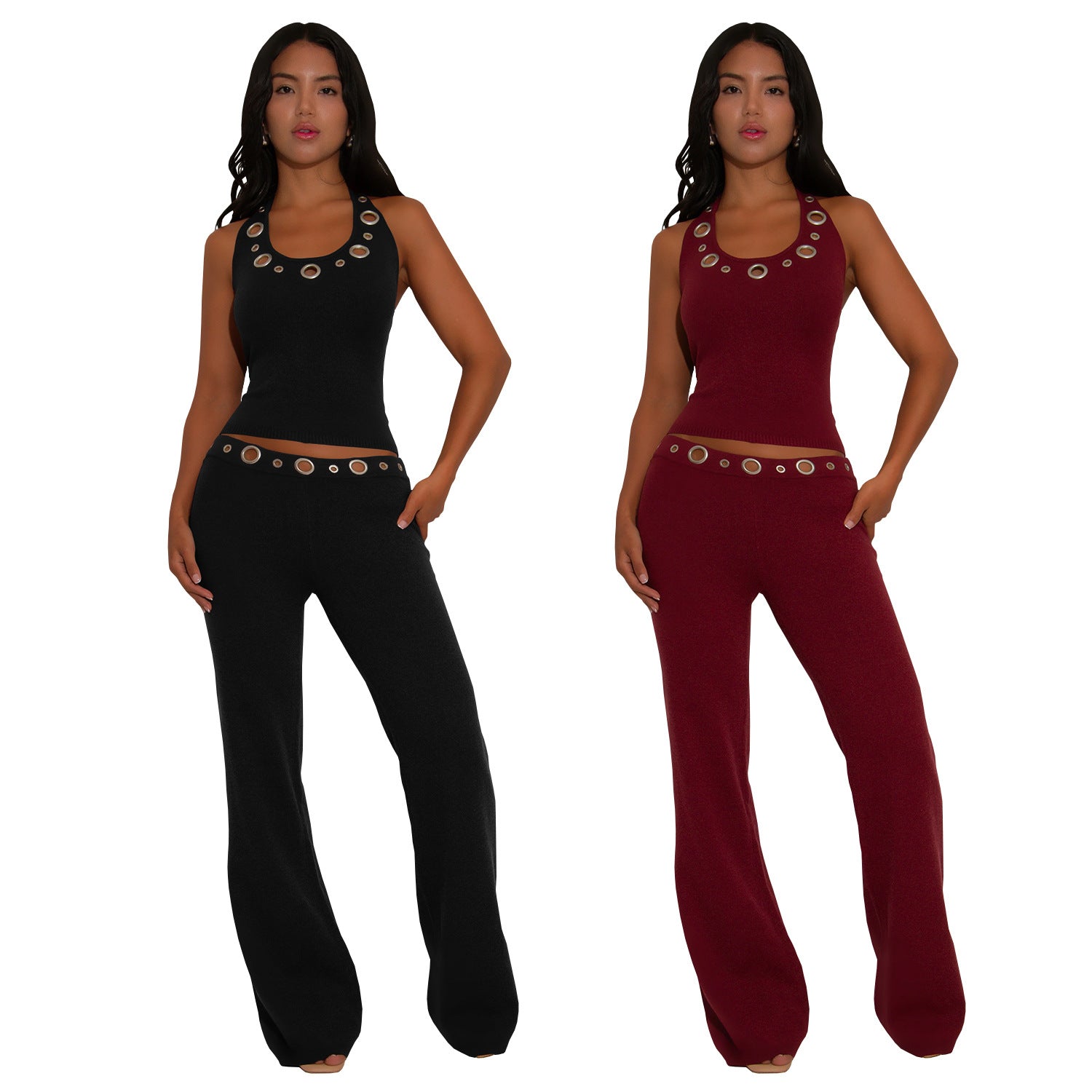 Fashion Women's Casual Fitted Eyelet Button Top and Pants Set