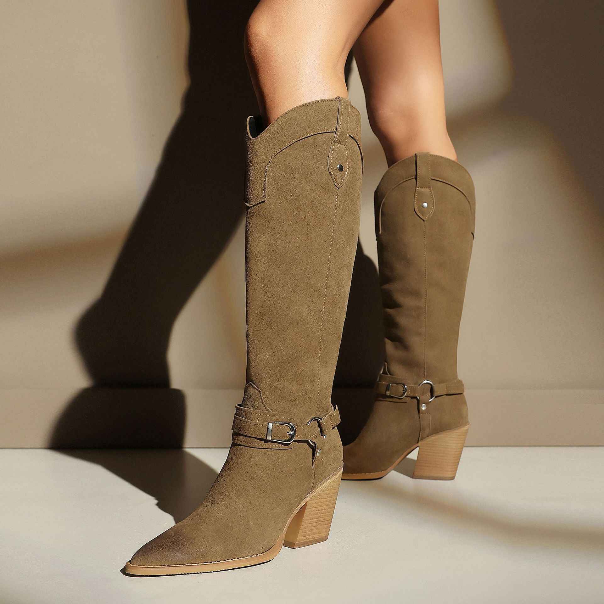 High heels, thick heels, women's boots, high boots, western boots