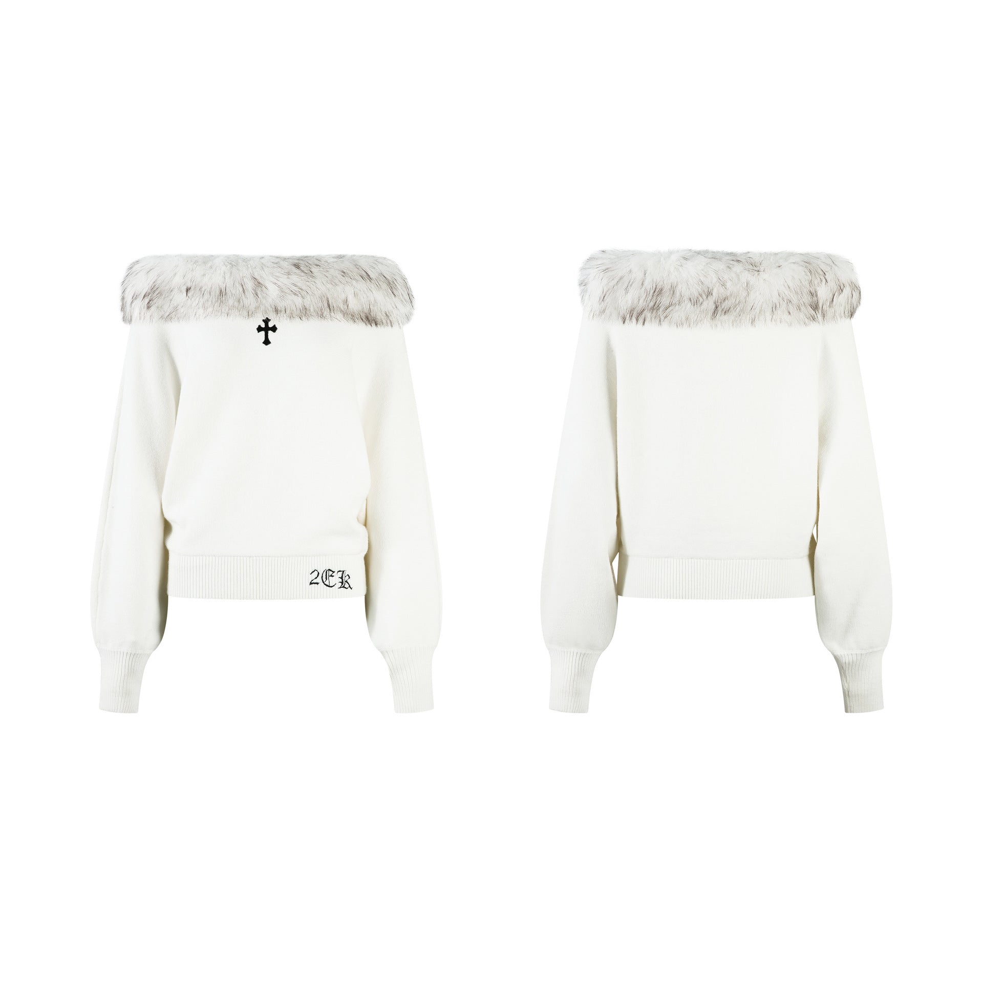 Women's one necked diagonal shoulder cross embroidered knitted sweater