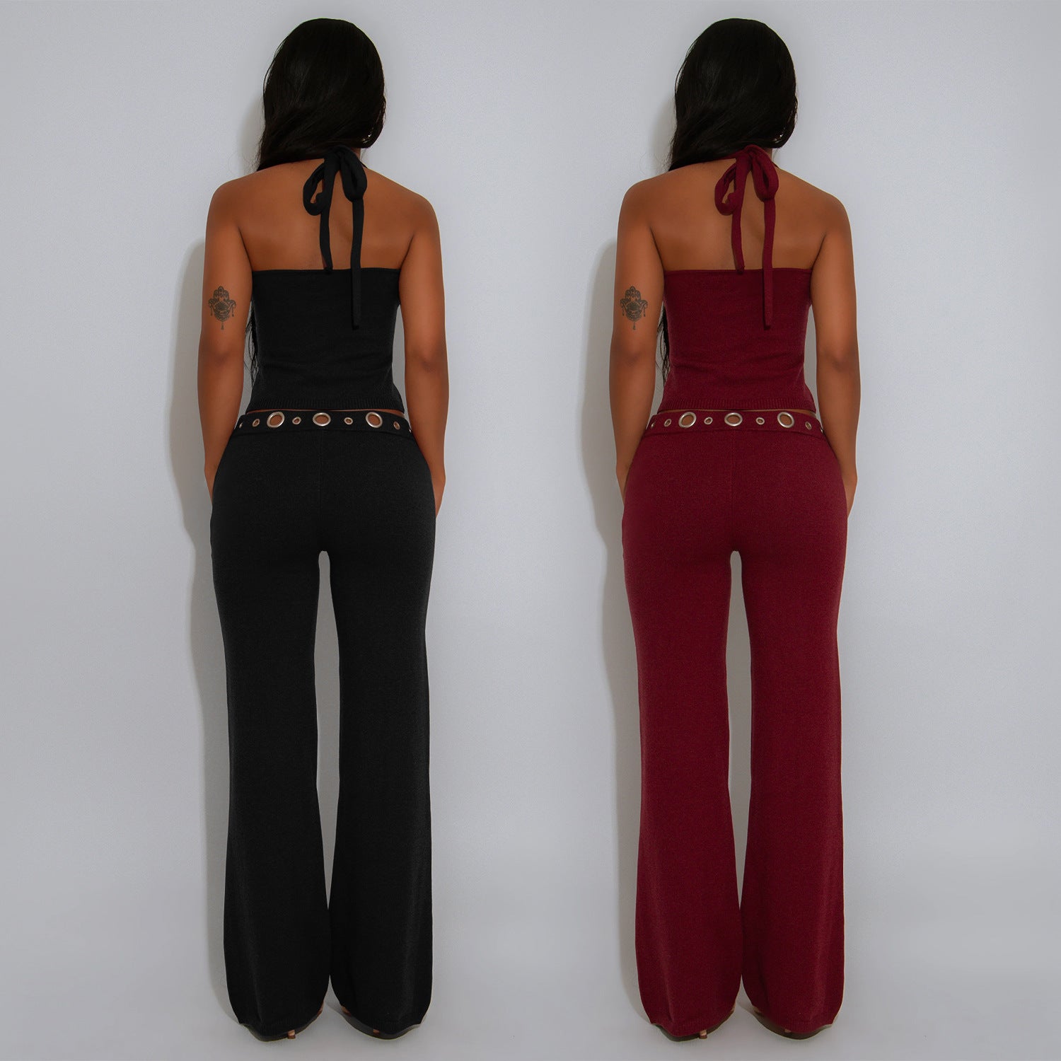 Fashion Women's Casual Fitted Eyelet Button Top and Pants Set
