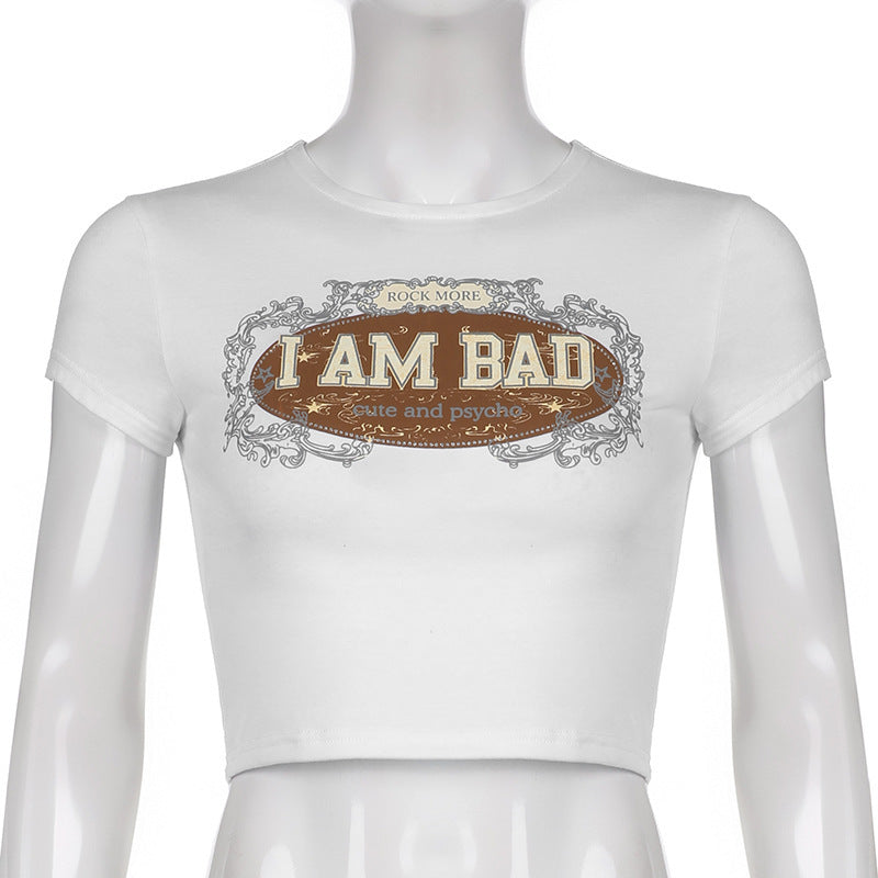 Alphabet Print Crew Neck Short Sleeve Cropped Navel Top