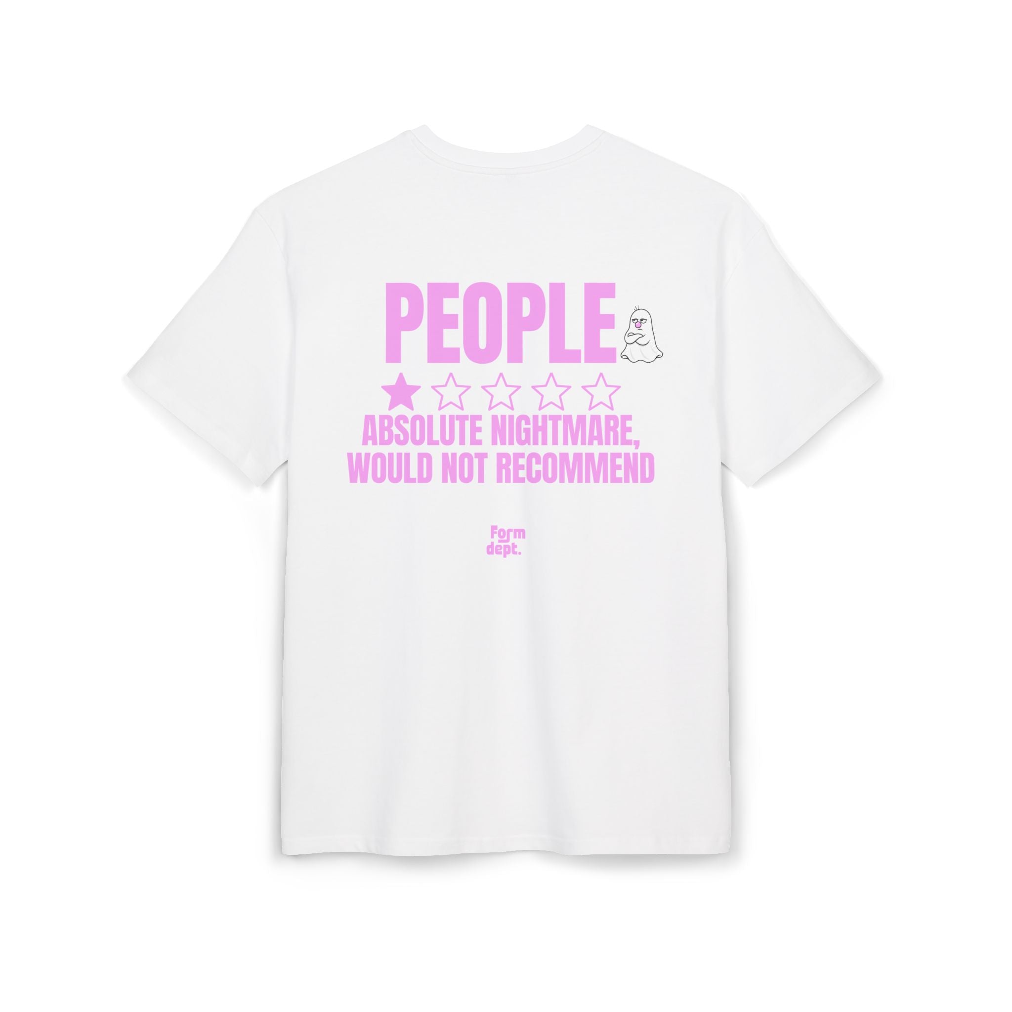 Camiseta oversize unisex «People – Absolute Nightmare» con estampado rosa – vista 2 – Form Dept.