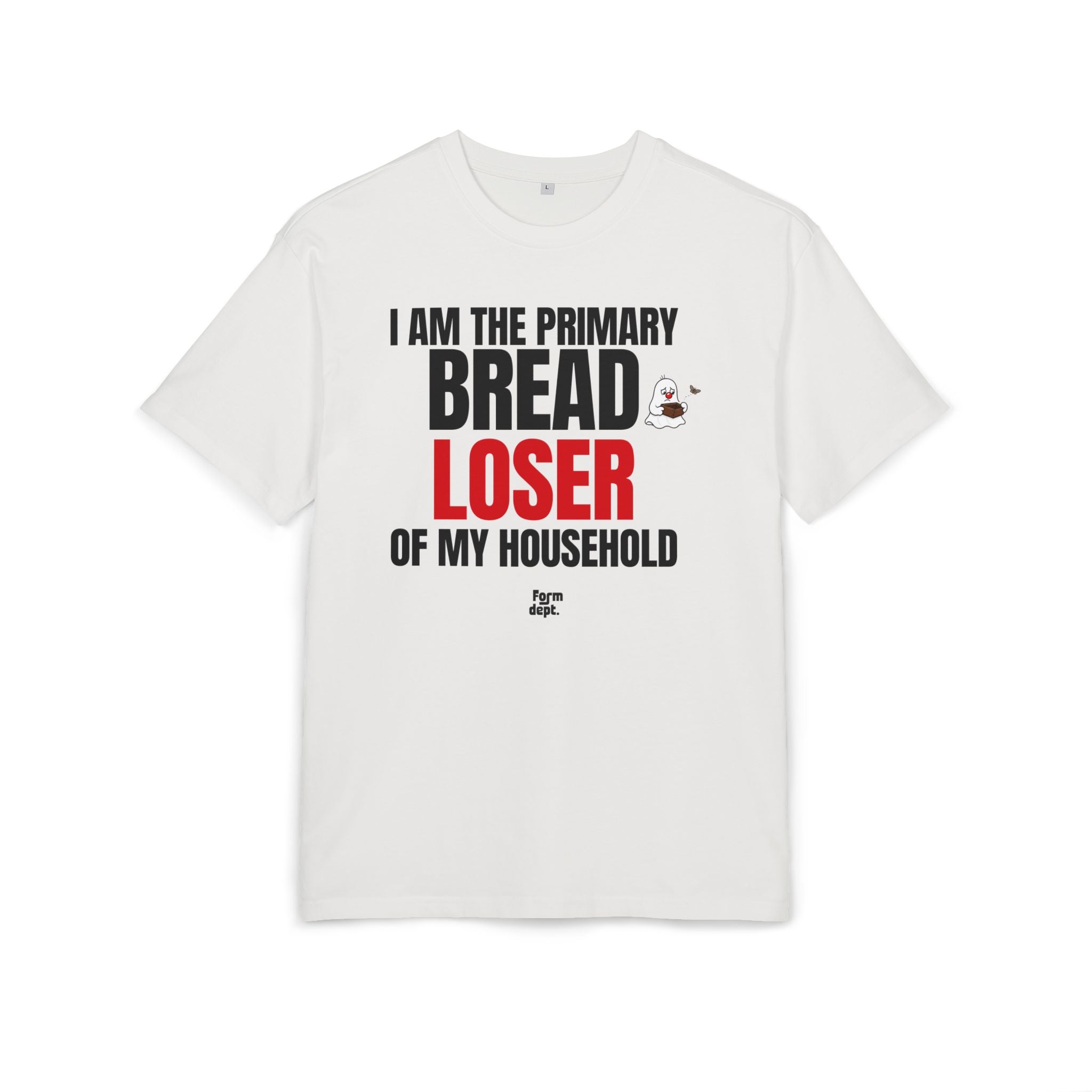 Camiseta oversize unisex «I Am the Primary Bread Loser of My Household» con estampado negro y rojo – vista 2 – Form Dept.