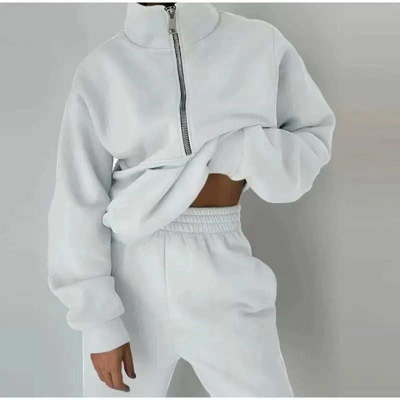 Stand Collar Suit Zip Up Crop Sportswear Long Sleeve Sweatshirt And Trousers For Spring Fall Women's Clothing - Bella Enchanté
