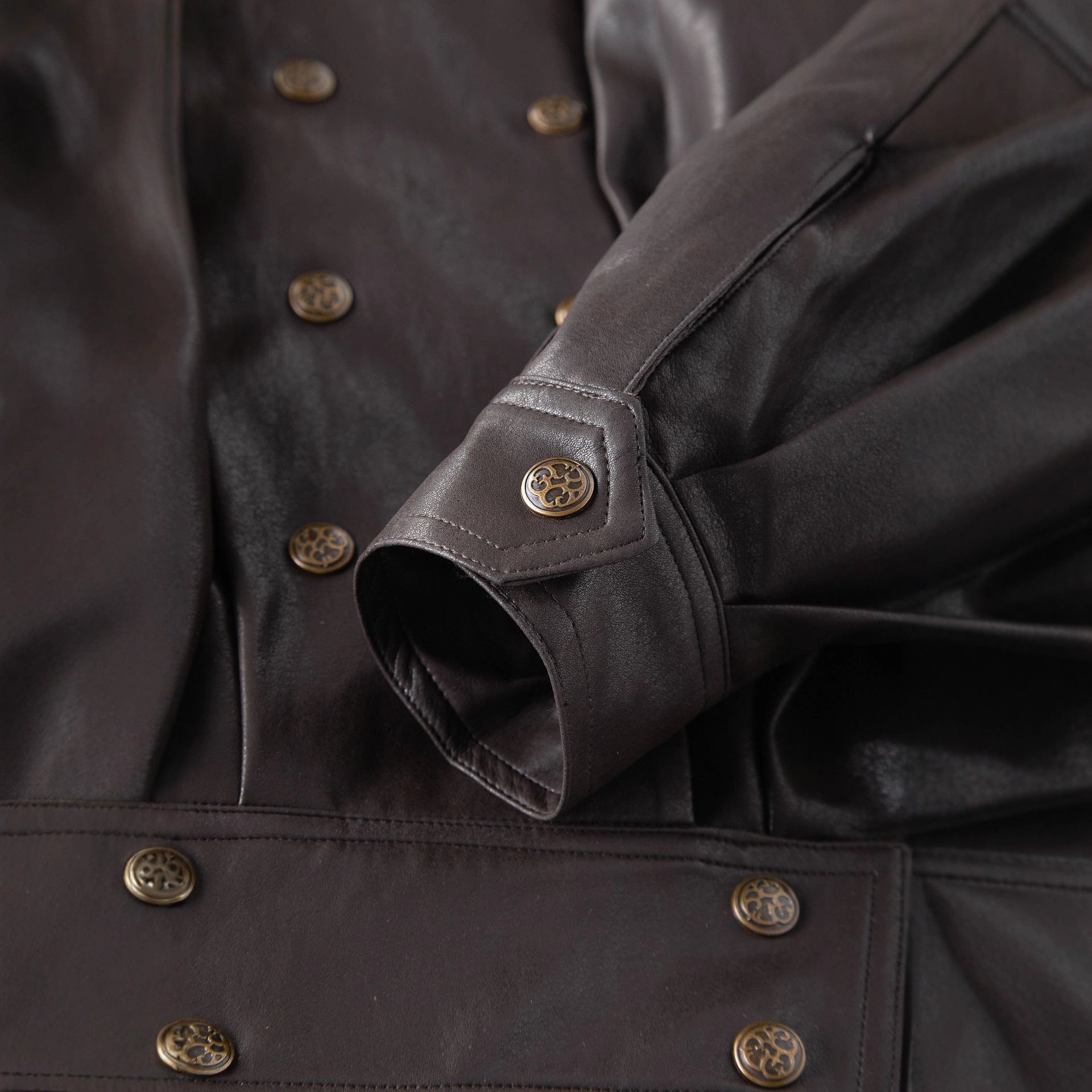 Double breasted shoulder pads PU leather cotton jacket for women